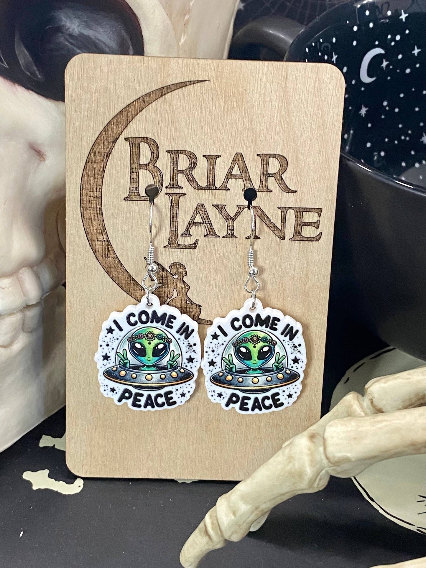 Alien Sci-Fi Book Earrings "I Come In Peace
