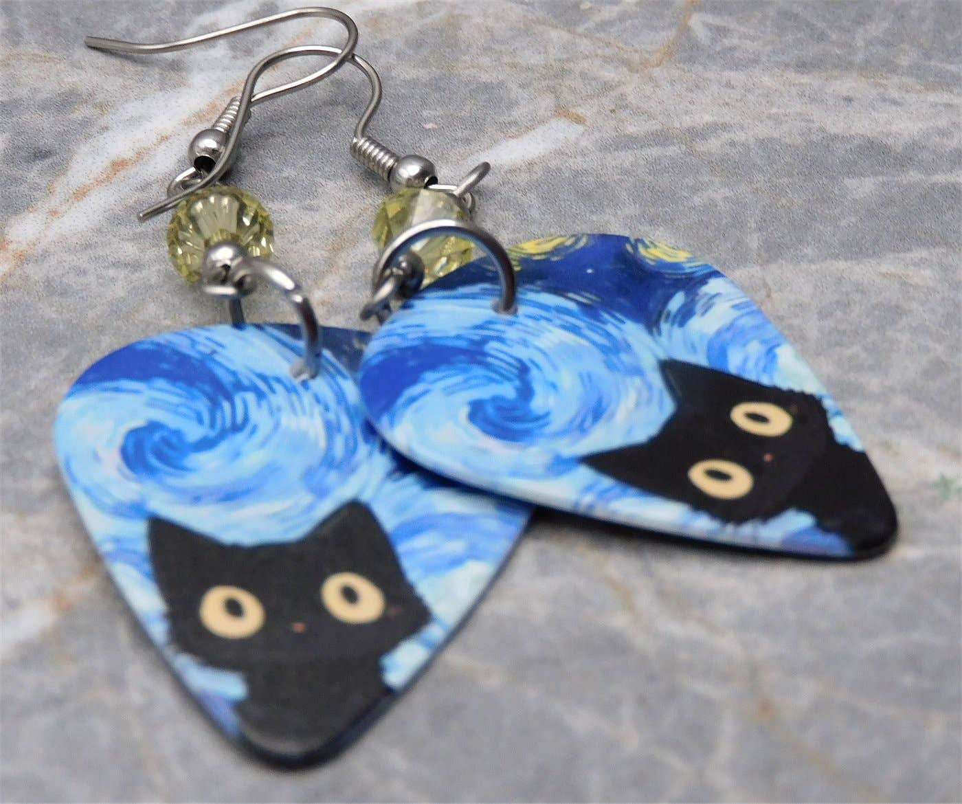 Wide Eyed Starry Night Black Cat Guitar Pick Earrings