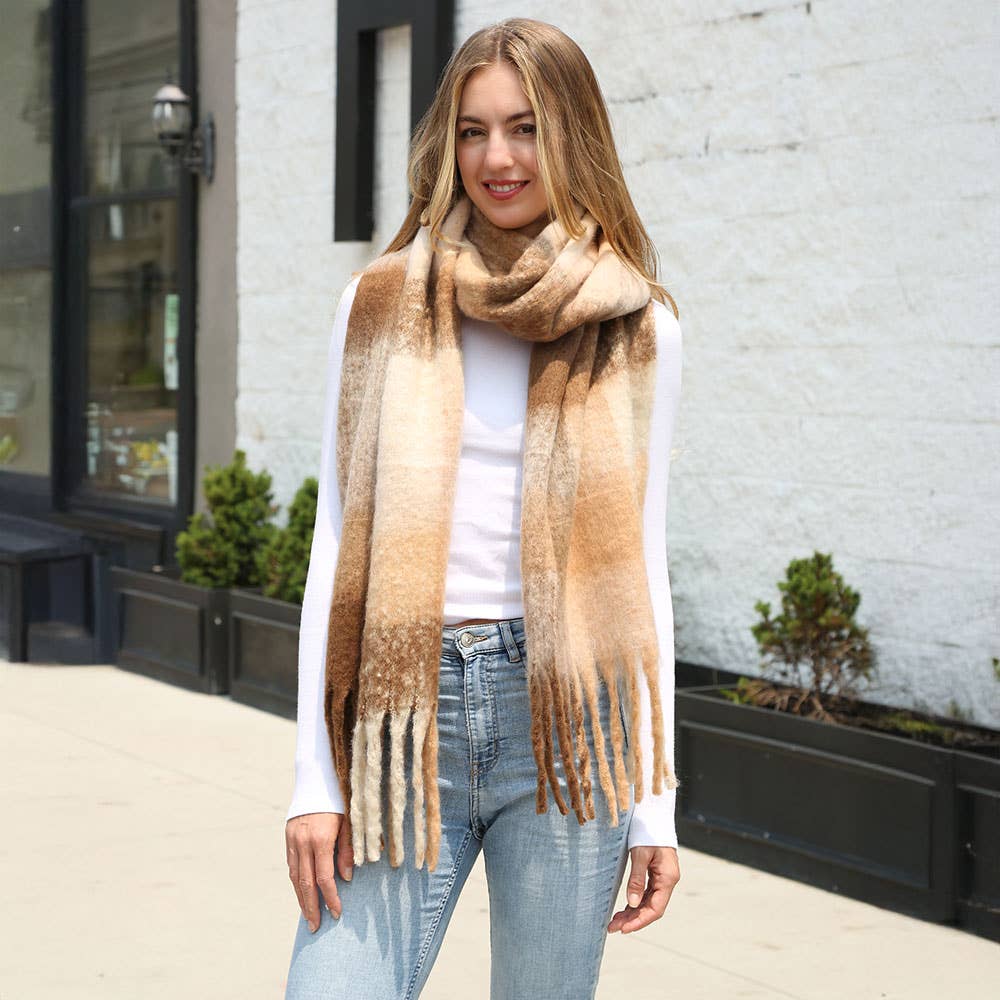 Soft Plaid Oblong Fringe Long Scarf
