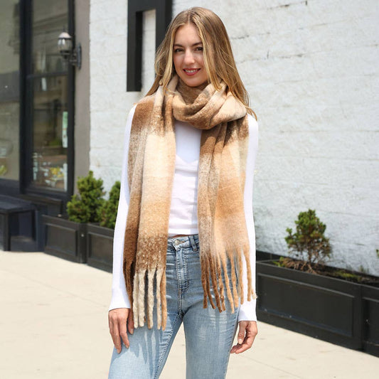 Soft Plaid Oblong Fringe Long Scarf