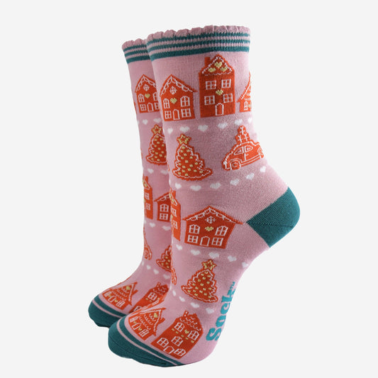 Women's Bamboo Socks - Pink/Green, Gingerbread Village