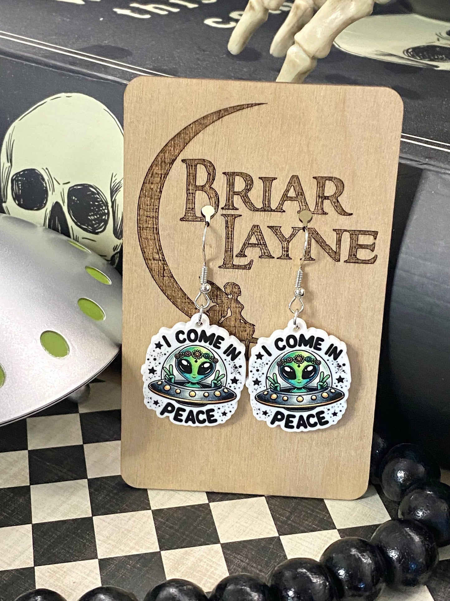 Alien Sci-Fi Book Earrings "I Come In Peace