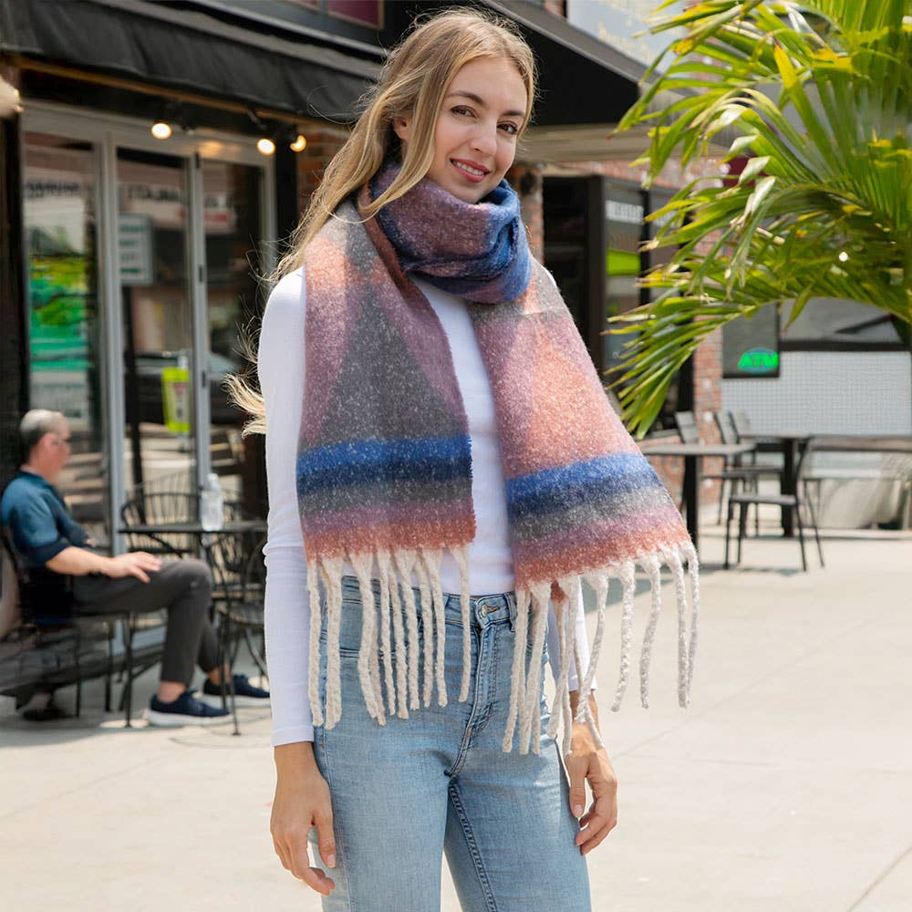 Cozy Chunky Geometric Plaid Oblong Fringe Winter Scarf