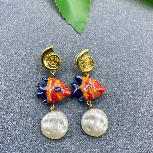 Resin Fish Charm Conch Post Earrings