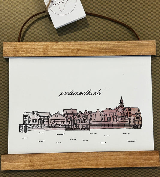 Portsmouth Skyline Drawing with Wood Hanger Print