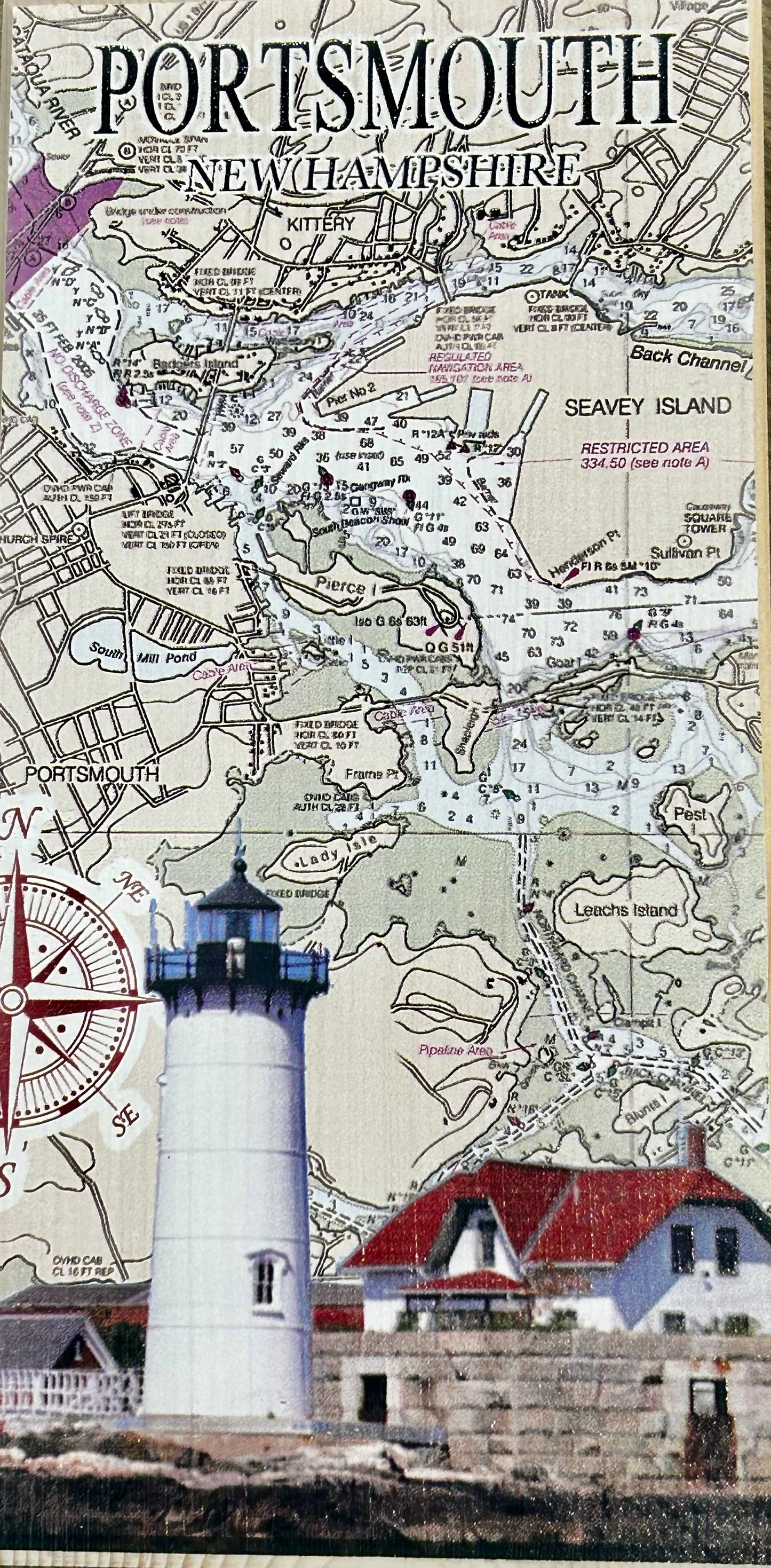 Portsmouth, NH 3x7 MINI Lighthouse Wood Map