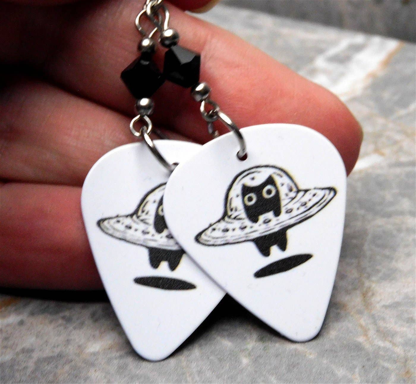 Black Cat In A UFO Guitar Pick Earrings w Black Swarovskis