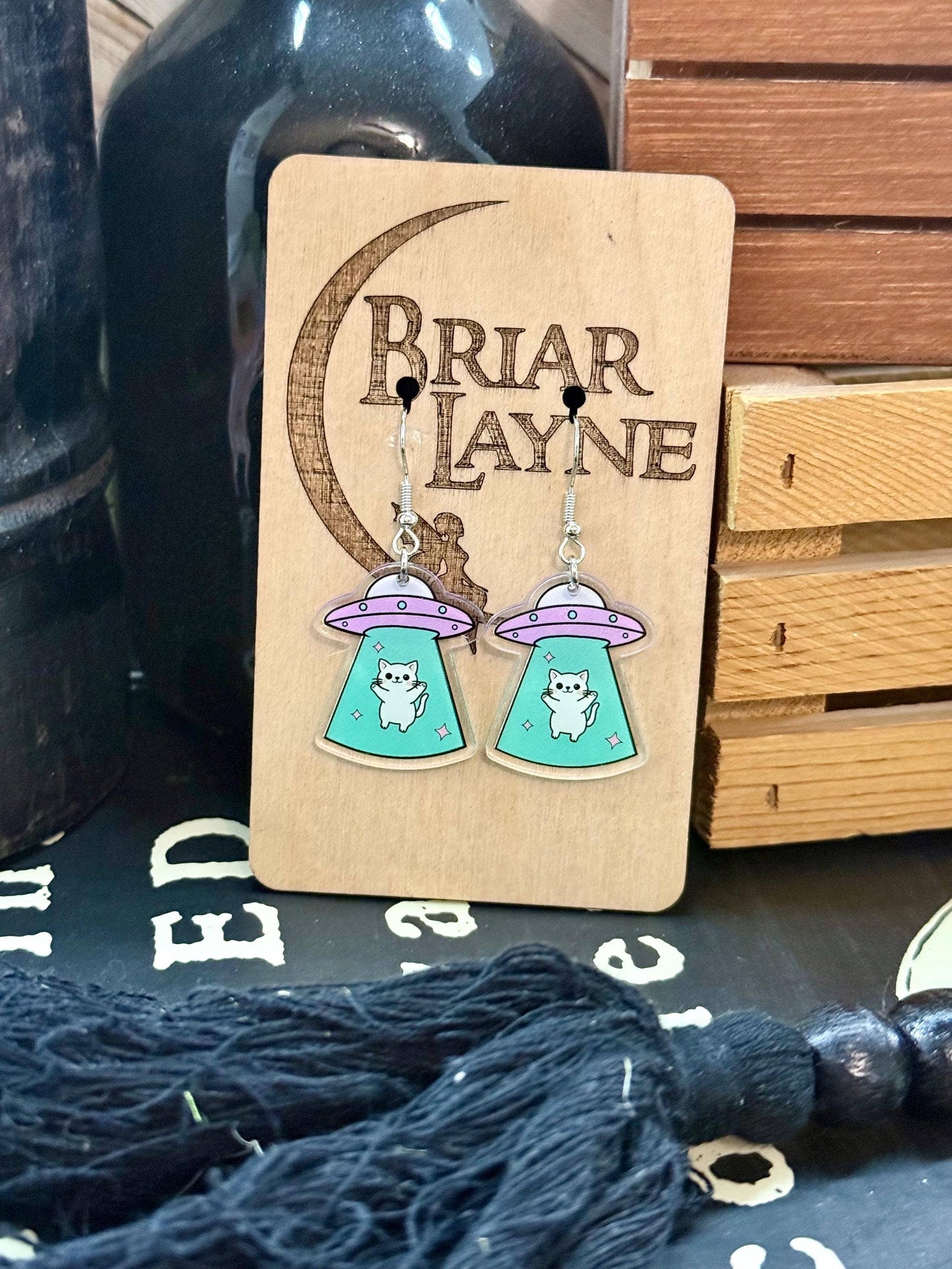 Space Cat and Spaceship Earrings