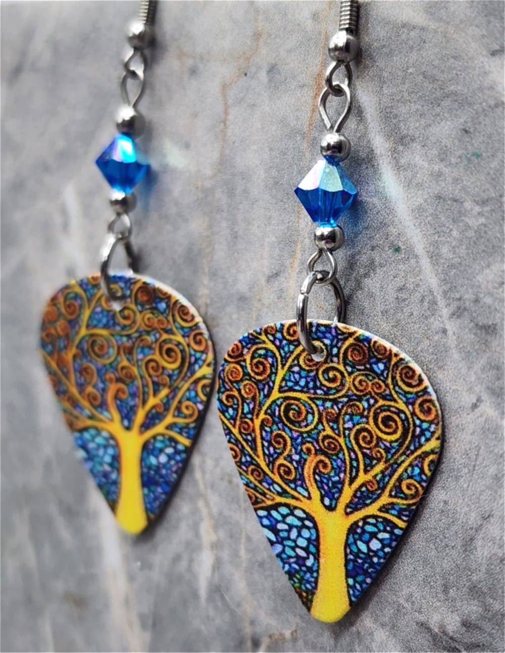 Tree of Life Guitar Pick Earrings with Capri Blue Swarovskis