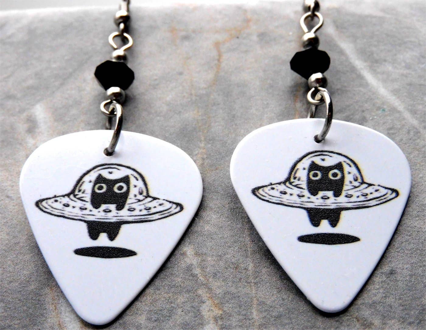 Black Cat In A UFO Guitar Pick Earrings w Black Swarovskis