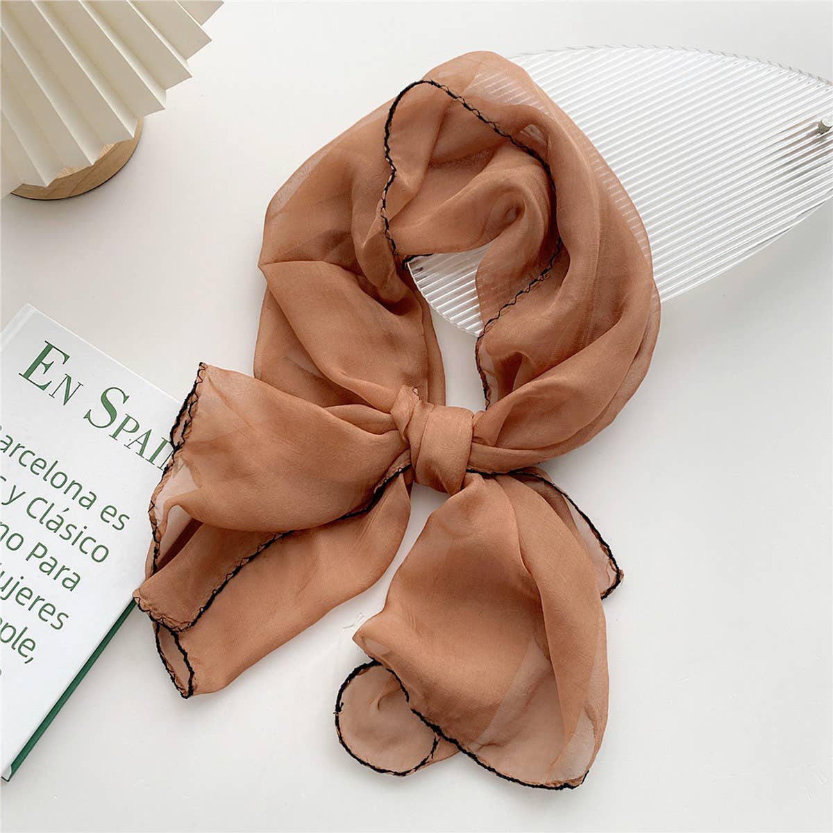 Long solid scarf with beaded edge