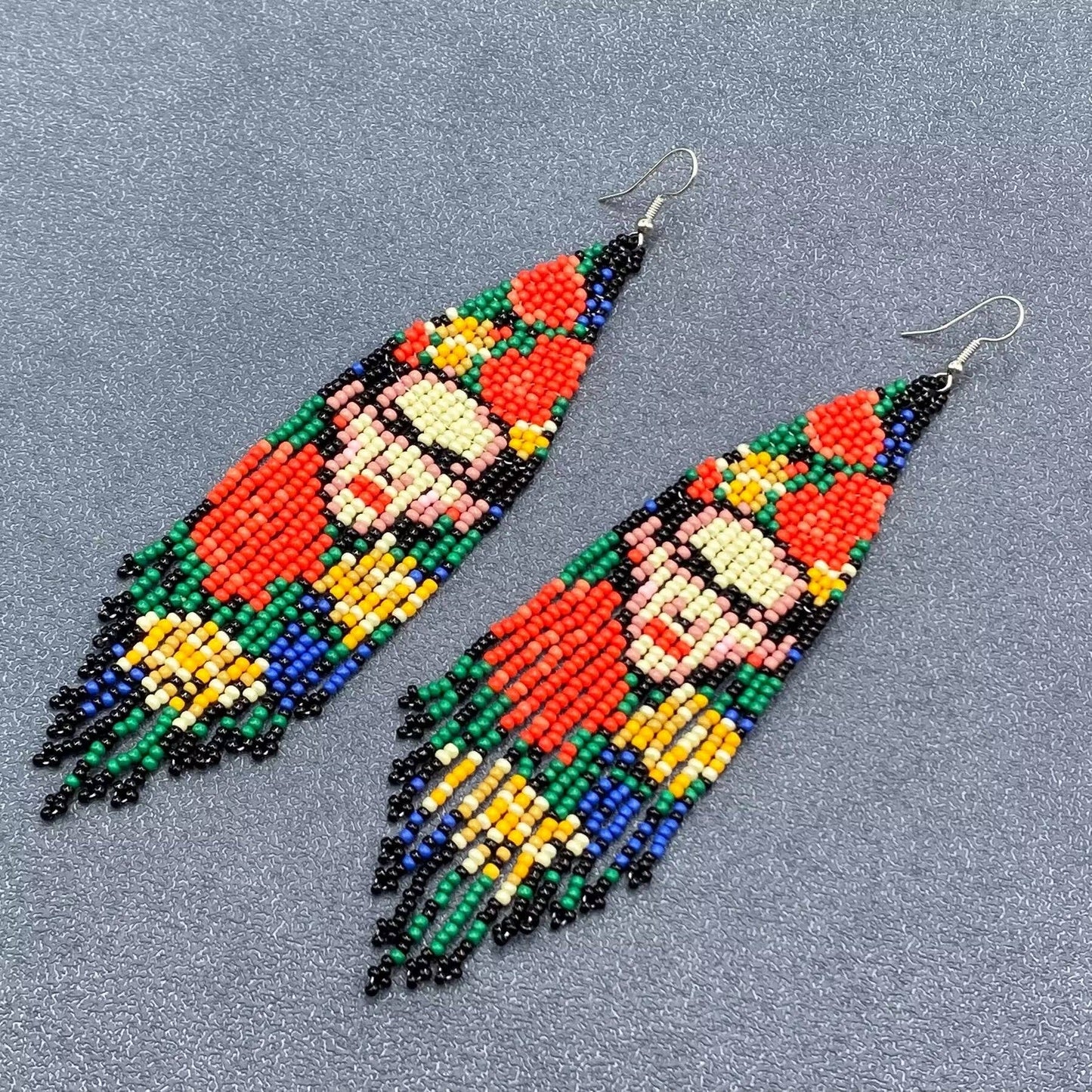 Handmade Face Pattern Seed Beads Fringe Earrings