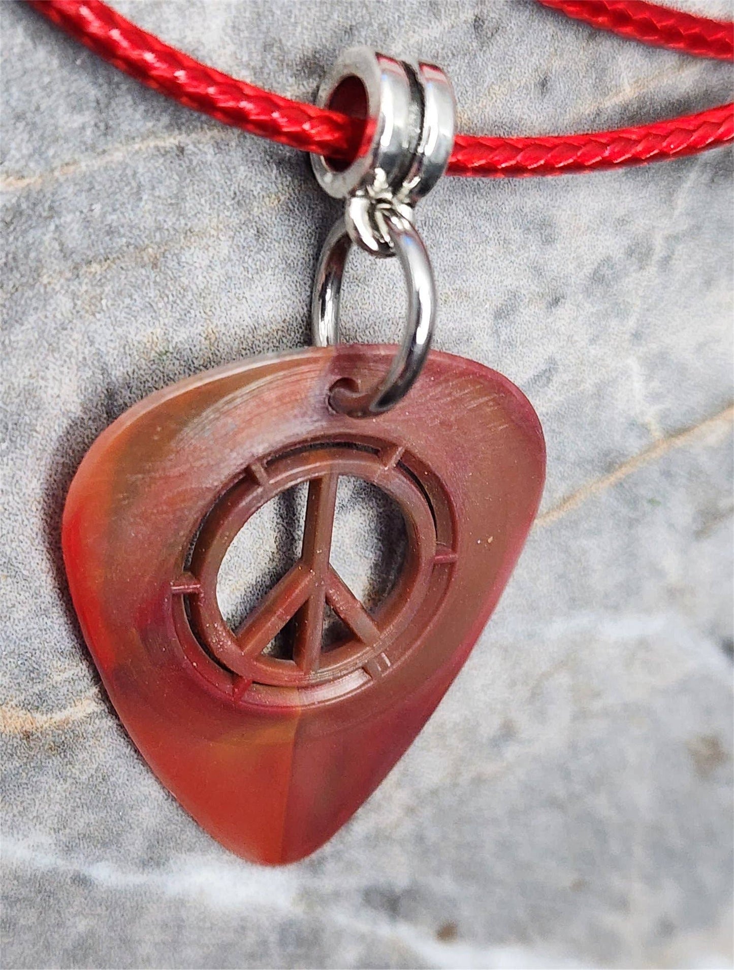 Red and Black Peace Sign Cut Out Guitar Pick Necklace
