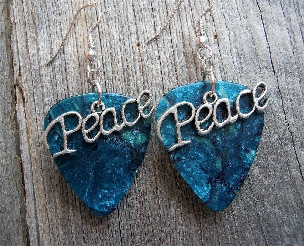 Peace Text Charm Guitar Pick Earrings