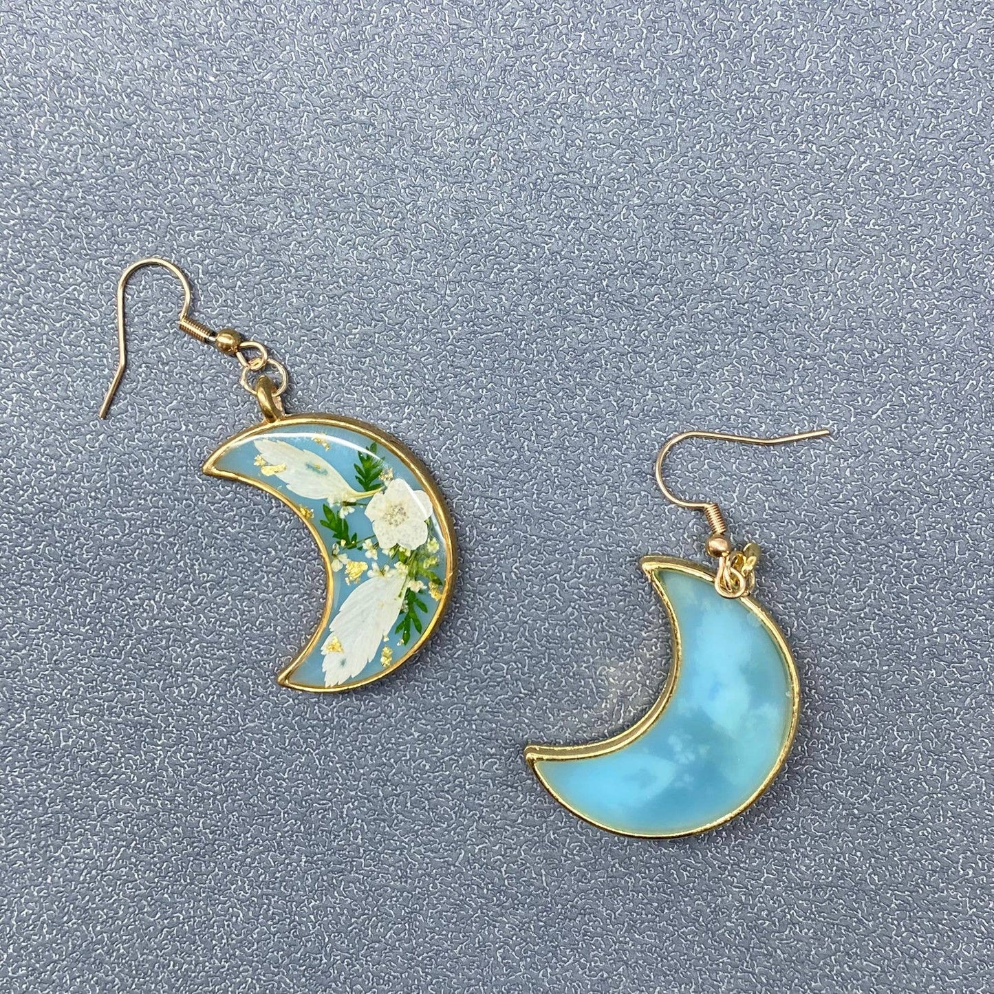 Pressed Dried Flowers Floral Moon Dangle Earrings