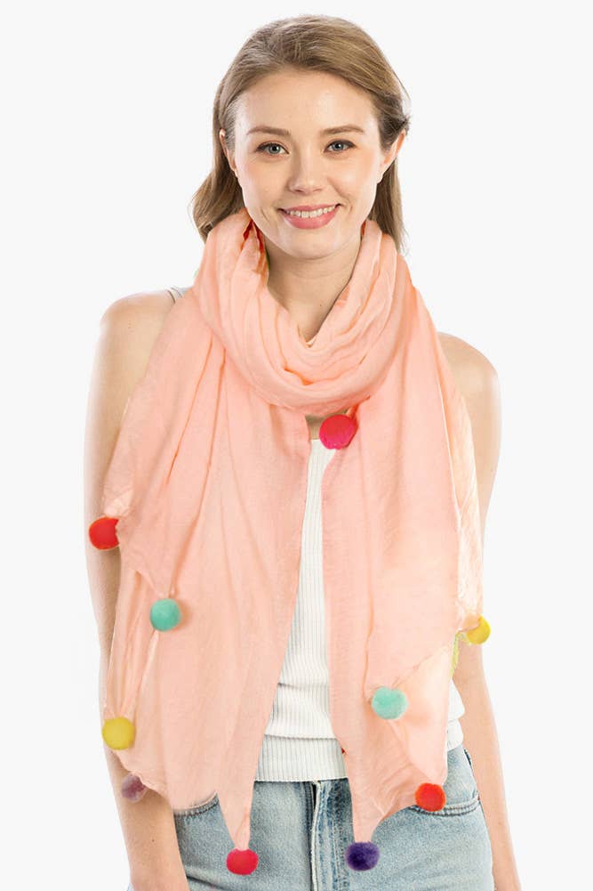 Solid Pom Pom Edge Trim Solid Oblong Scarf