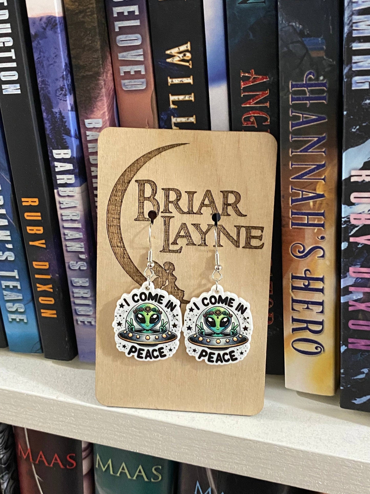 Alien Sci-Fi Book Earrings "I Come In Peace