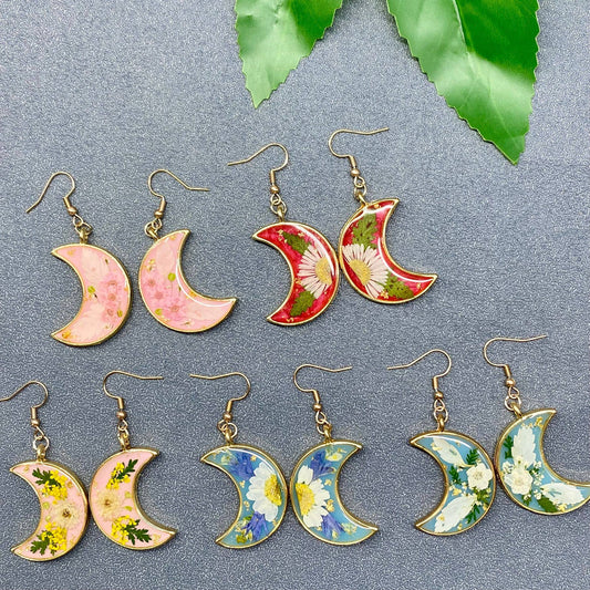 Pressed Dried Flowers Floral Moon Dangle Earrings