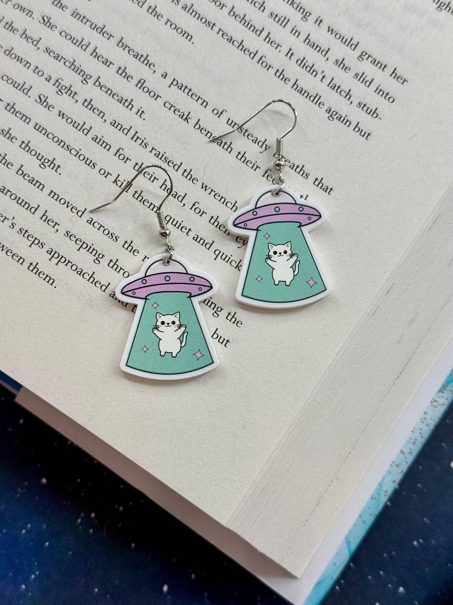 Space Cat and Spaceship Earrings for Booklovers