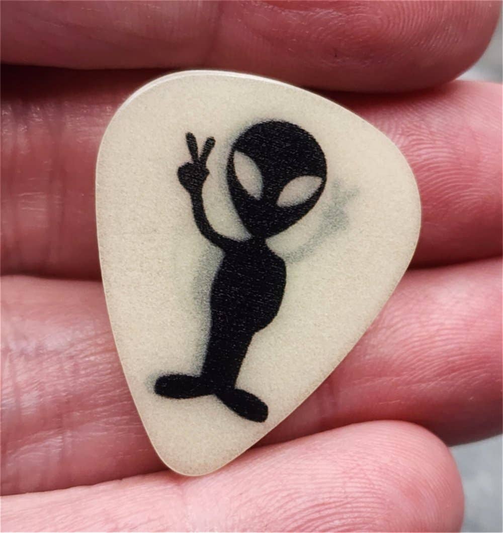 Glow in the Dark Alien Peace Sign Guitar Pick Pin or Tie Tac