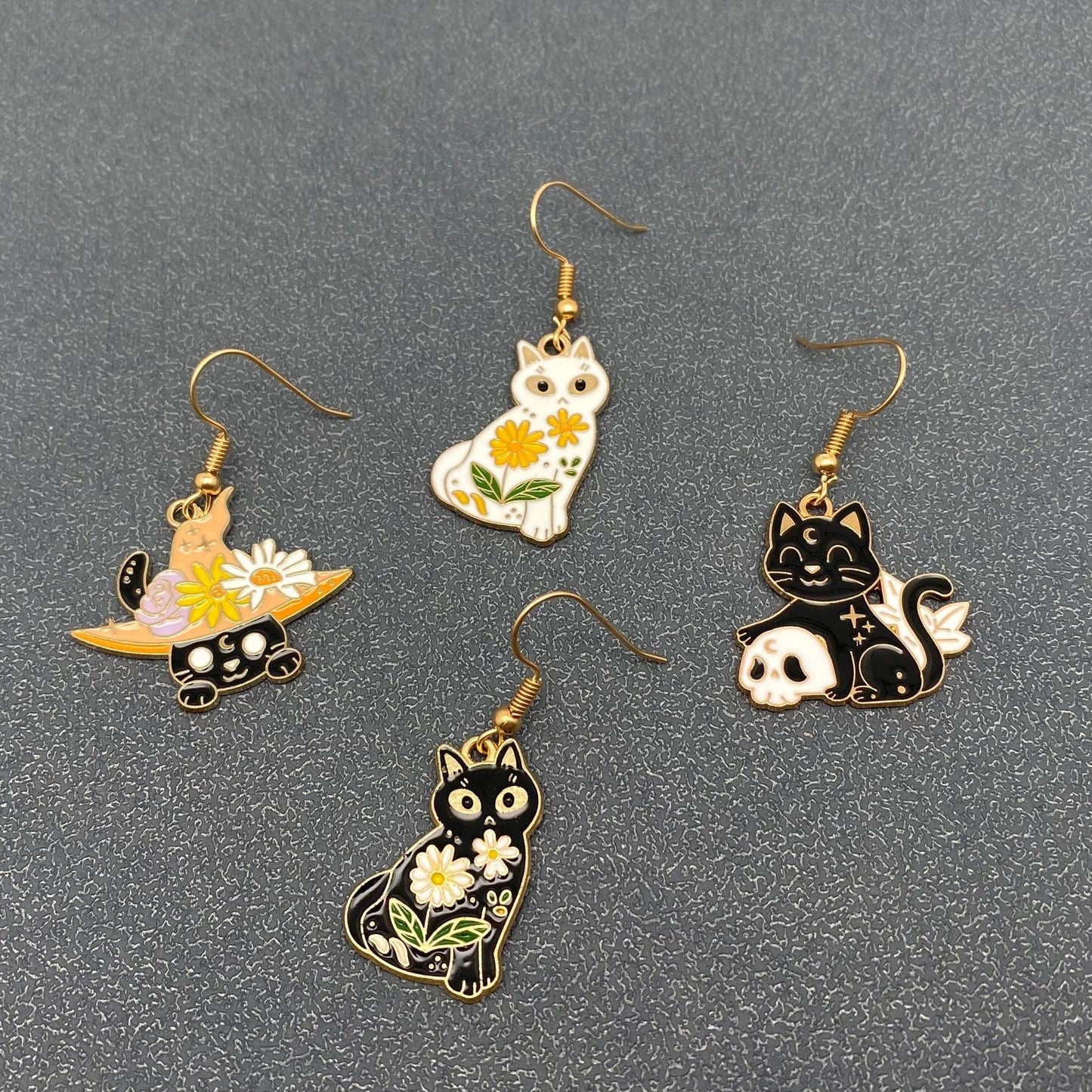 Multi Style Enamel Flower & Magic Cat Dangle Earrings