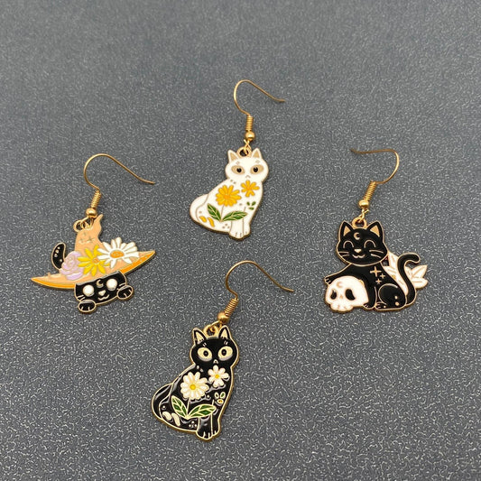 Multi Style Enamel Flower & Magic Cat Dangle Earrings