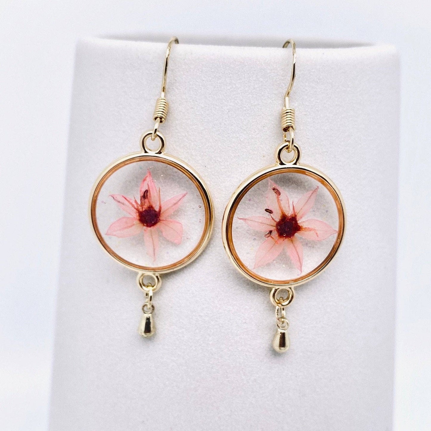 Pressed Flower Dried Flower Round Pendant Earrings