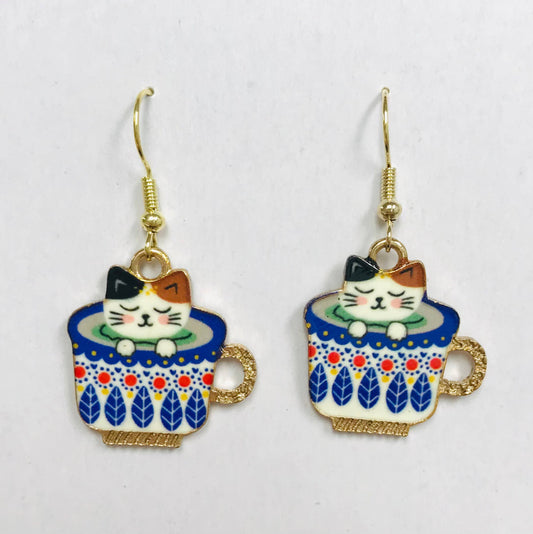 Cat in Blue flora coffee cup Earrings