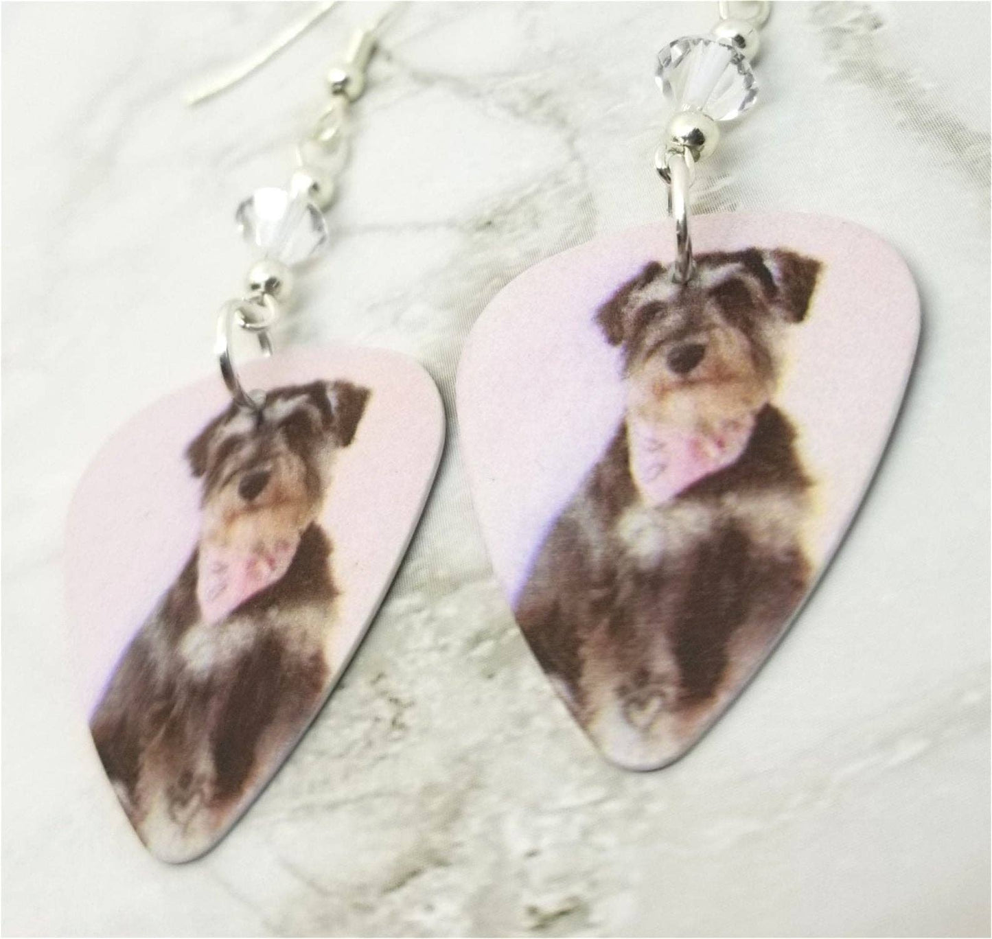 Schnauzer with a Bandanna Guitar Pick Earrings with Clear Sw