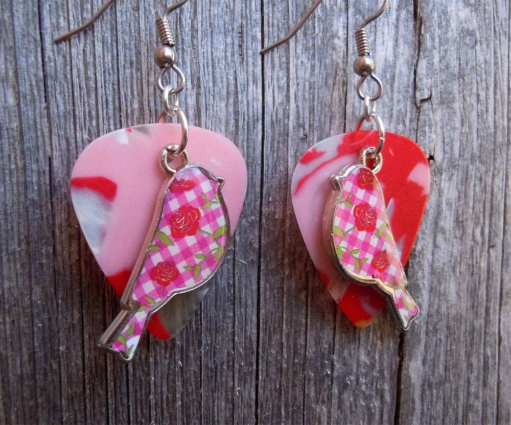 Pink Plaid and Flowered Bird Charm Guitar Pick Earrings