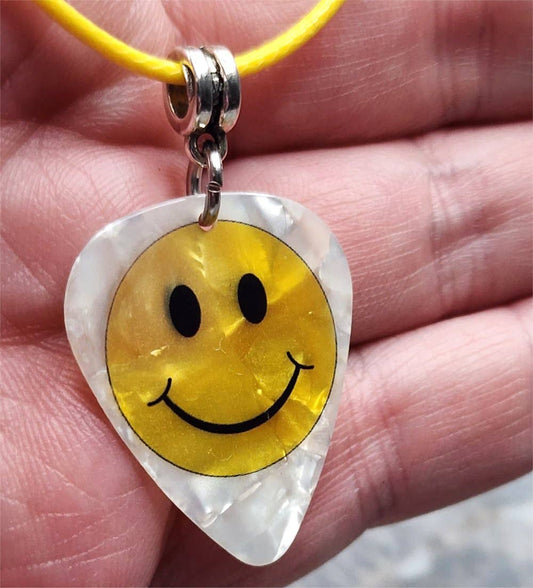 Smiley Face Emoji Guitar Pick Necklace on Yellow Rolled Cord