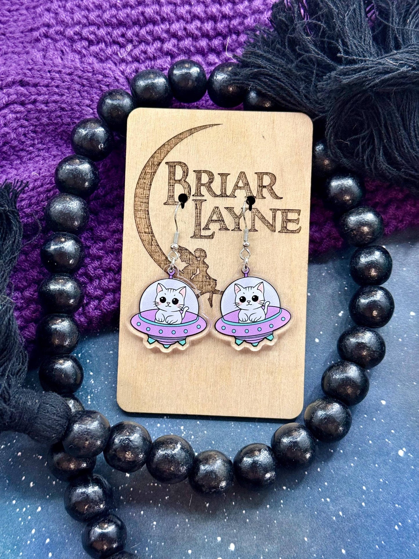 Space Cat and Spaceship Earrings for Booklovers