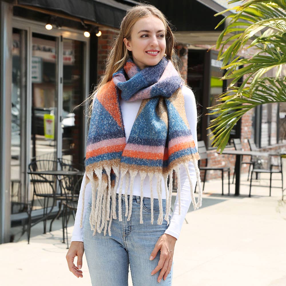Cozy Chunky Geometric Plaid Oblong Fringe Winter Scarf