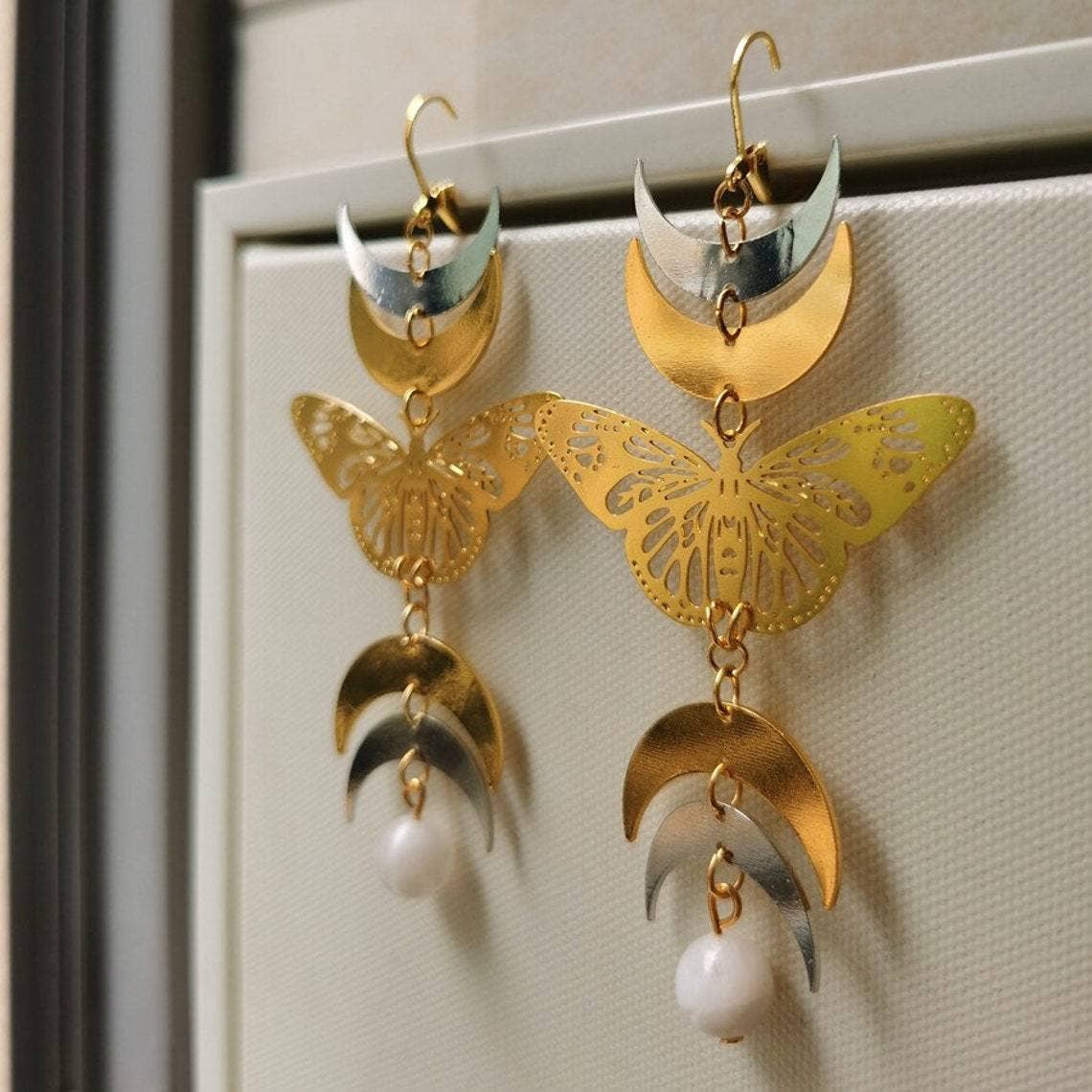 Golden Silver Moon Hollow Moth Charm Earrings