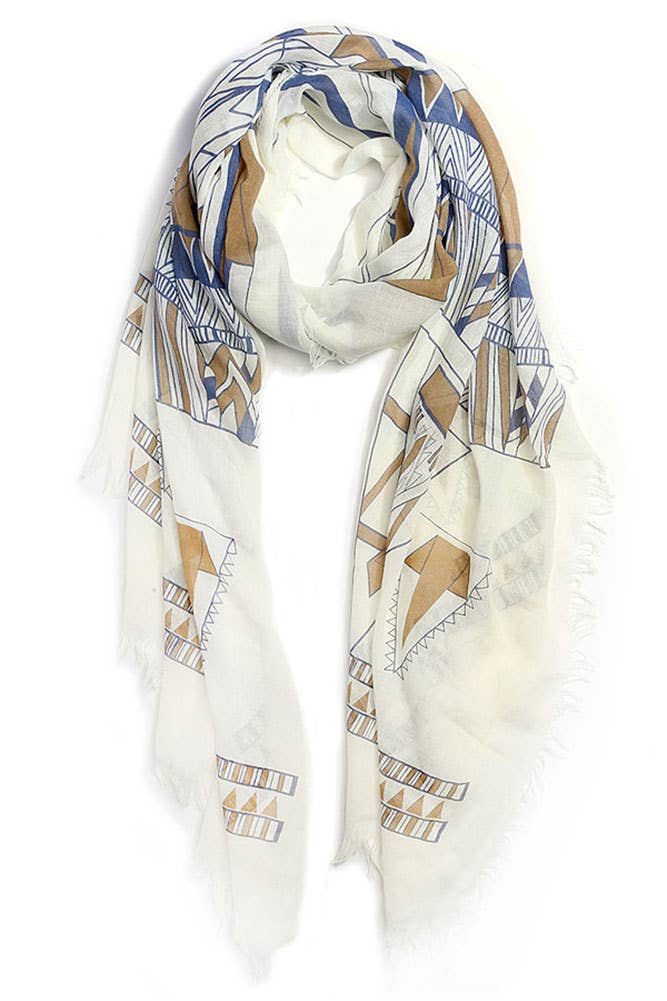 Geometric Tribal Pattern Fringe Edge Oblong Scarf