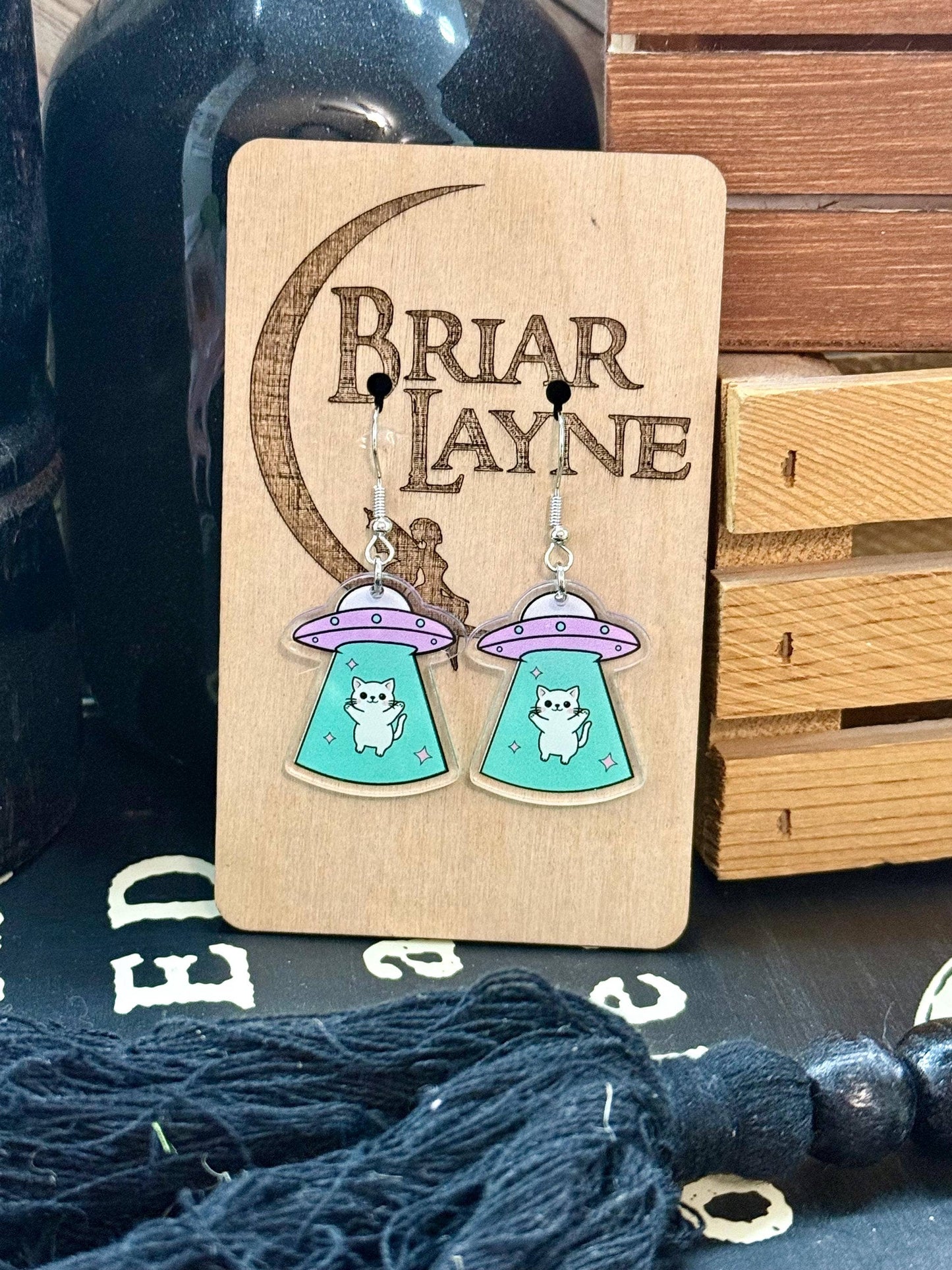 Space Cat and Spaceship Earrings