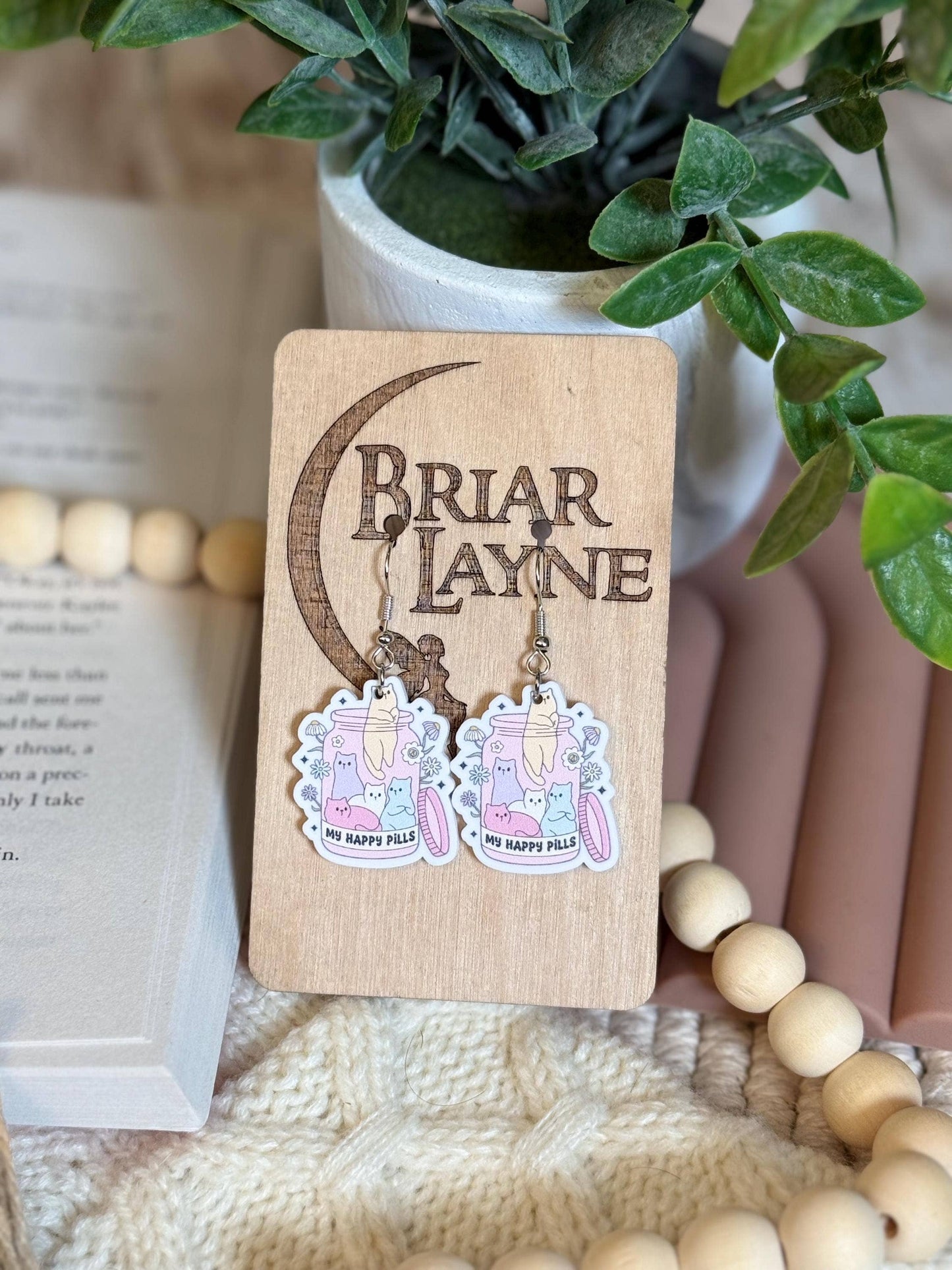 Happy Pills Cat & Book Lovers Themed Earrings