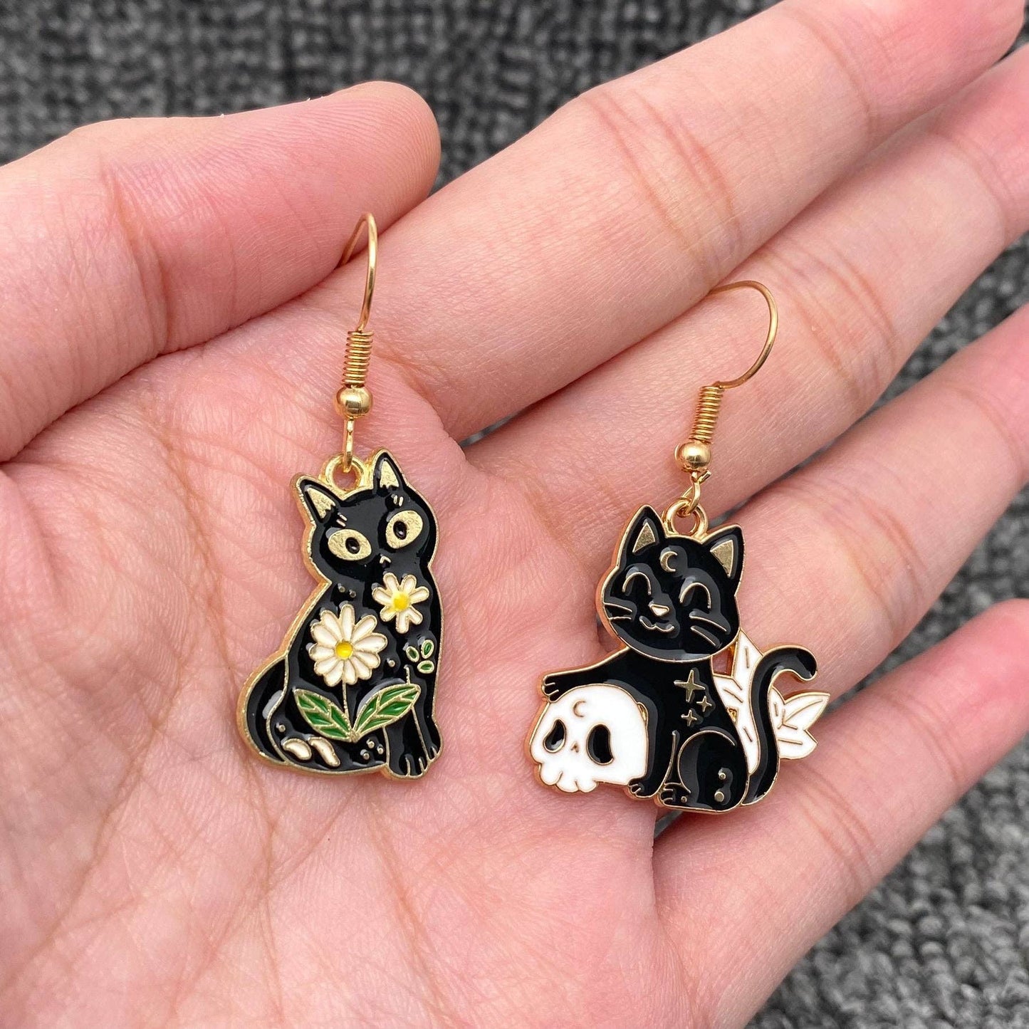 Multi Style Enamel Flower & Magic Cat Dangle Earrings