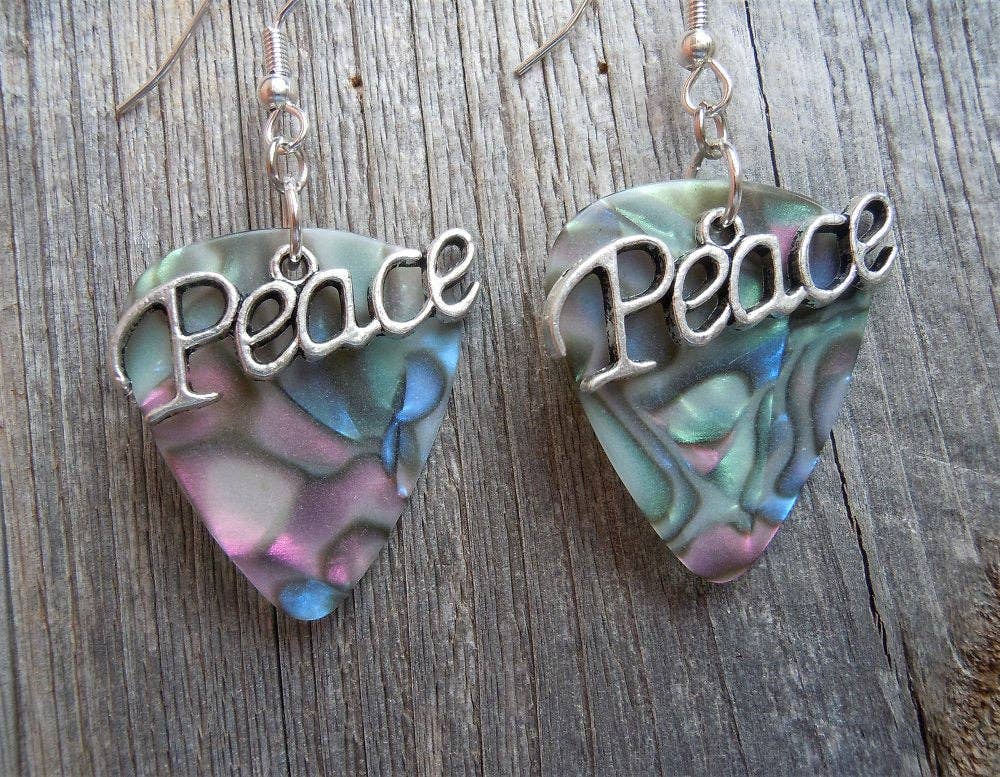 Peace Text Charm Guitar Pick Earrings