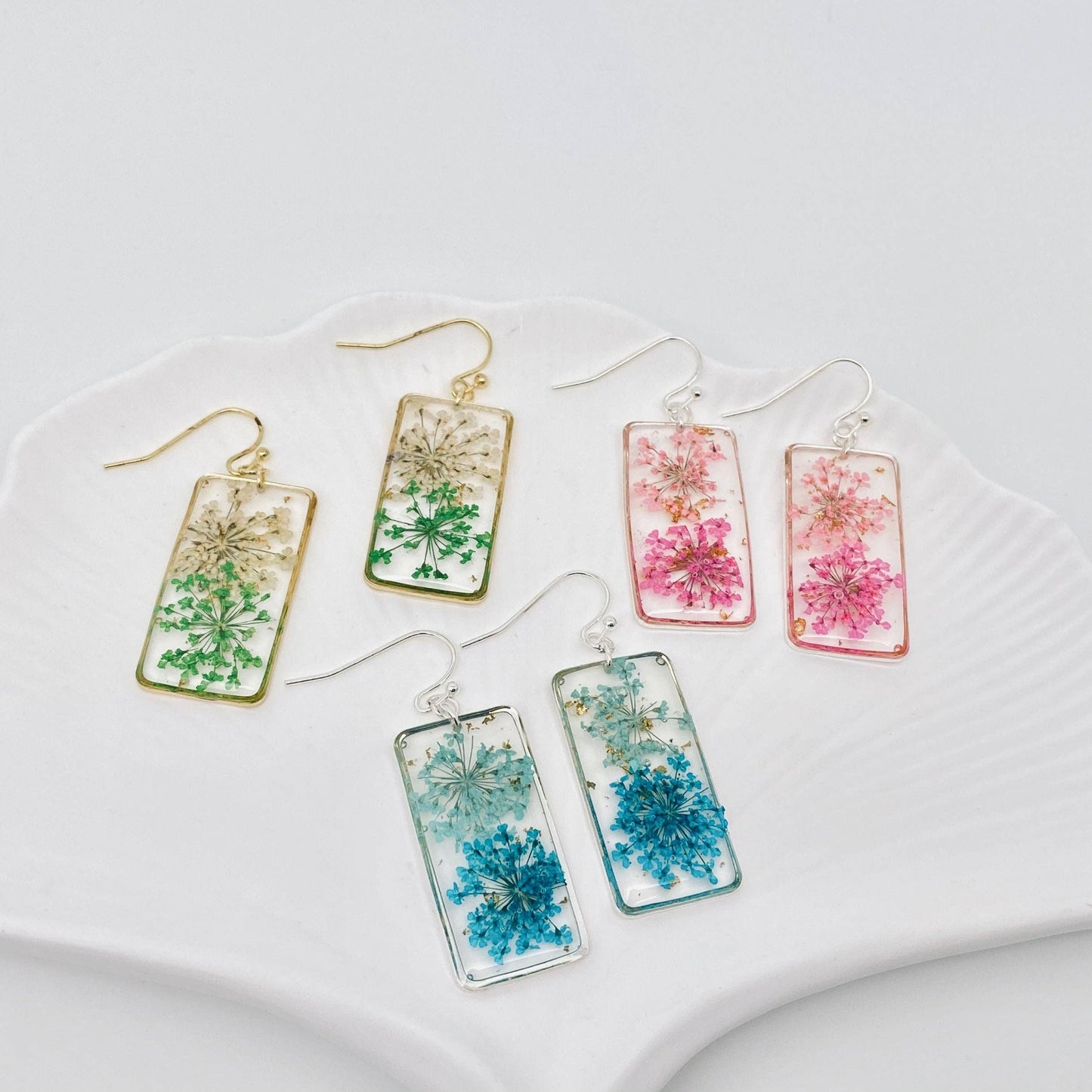Dried Flower Queen Anne's Lace Rectangular Earrings