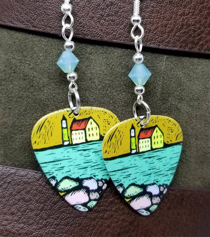 Lighthouse Over the Water Illustrated Guitar Pick Earrings