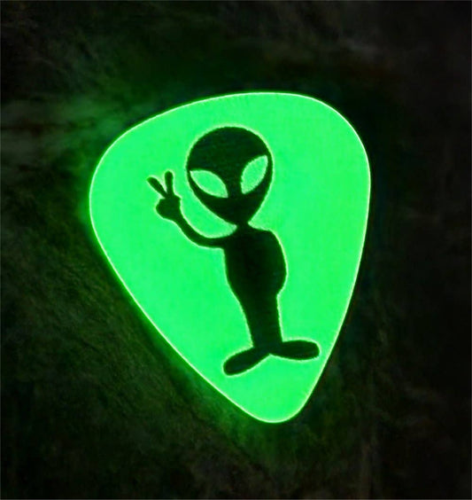 Glow in the Dark Alien Peace Sign Guitar Pick Pin or Tie Tac
