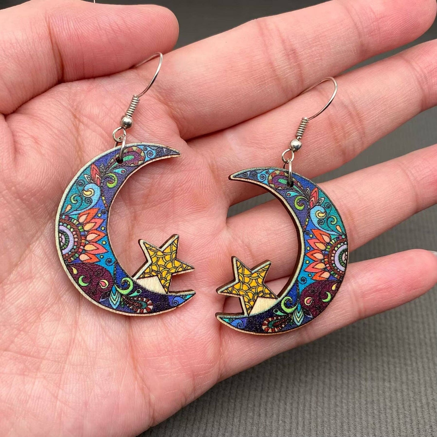 Double-sided Printed Wooden Star-moon Dangle Earrings