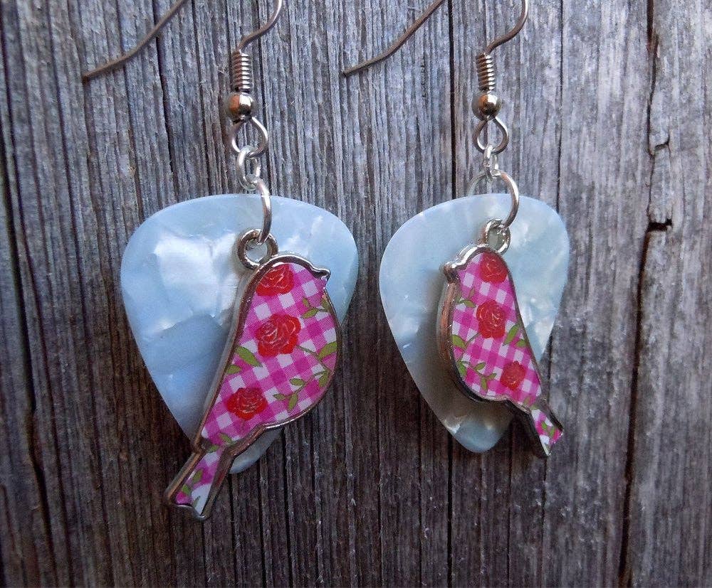 Pink Plaid and Flowered Bird Charm Guitar Pick Earrings