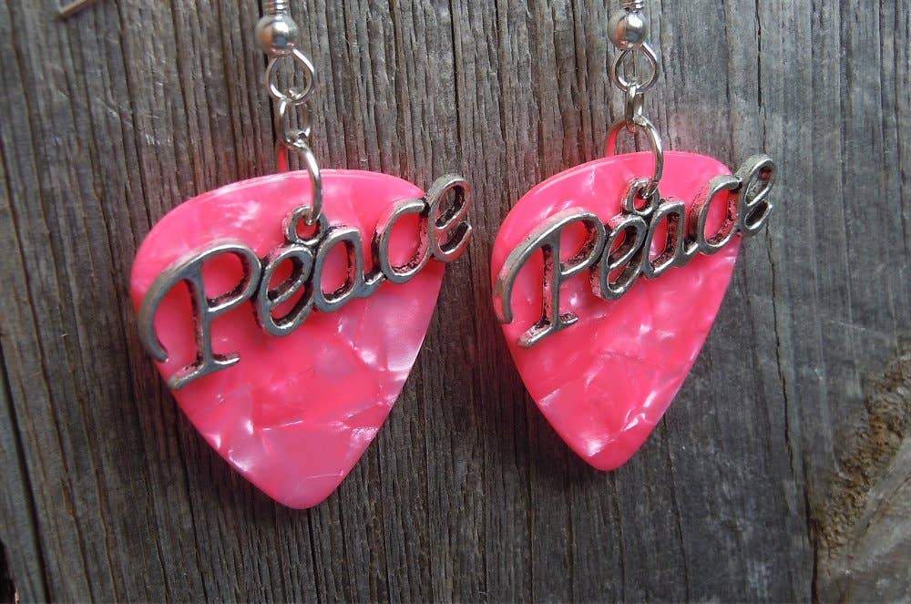 Peace Text Charm Guitar Pick Earrings