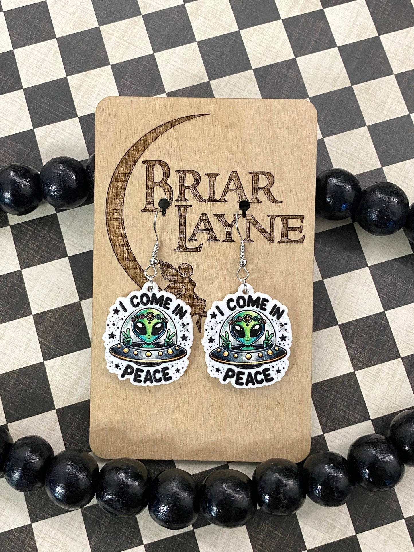 Alien Sci-Fi Book Earrings "I Come In Peace