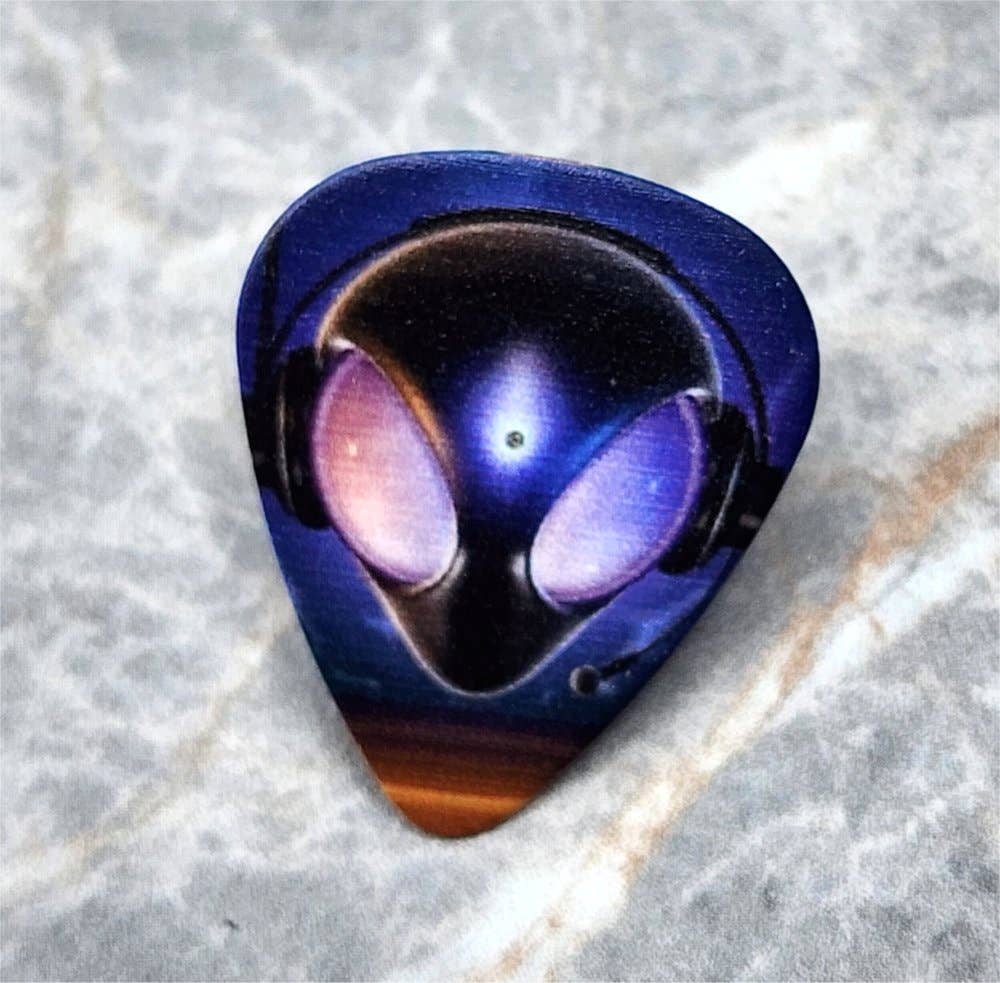 Alien with Headphones Guitar Pick Pin or Tie Tack