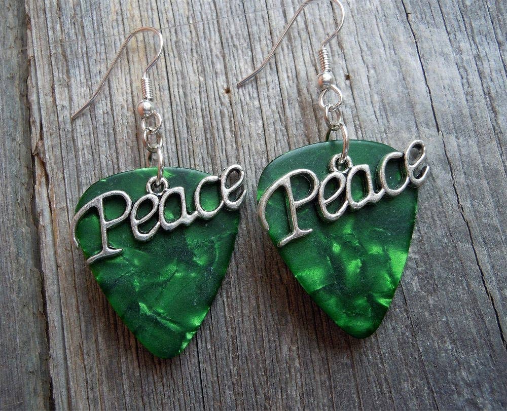 Peace Text Charm Guitar Pick Earrings