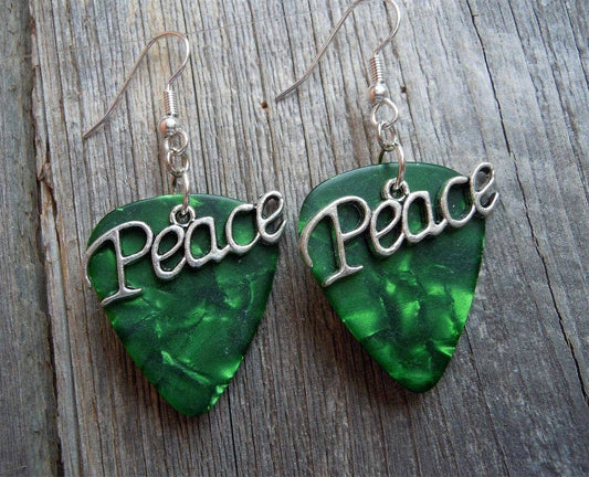 Peace Text Charm Guitar Pick Earrings