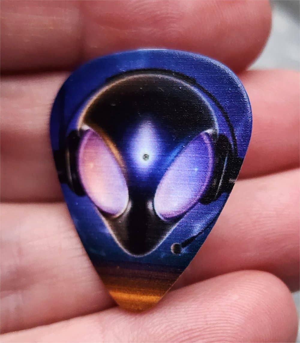 Alien with Headphones Guitar Pick Pin or Tie Tack